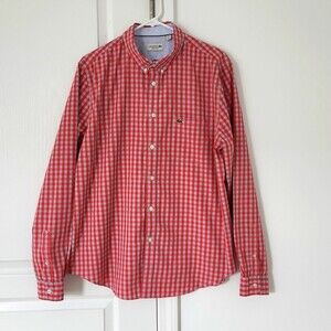 Lacoste Men's Gingham Button Down Long Sleeve Shirt, Red/Blueish Gray, Size XL
